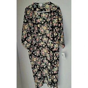 Lularoe Womans Shirley Open Front Kimono Top Size L Black pink and Gold roses